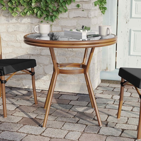 Flash Furniture Marseille French Bistro 31.5in. Table, Blk Textilene, Glass Top, Bamboo Print Alum Frame in Natural SDA-AD641011-80-BK-NAT-GG
